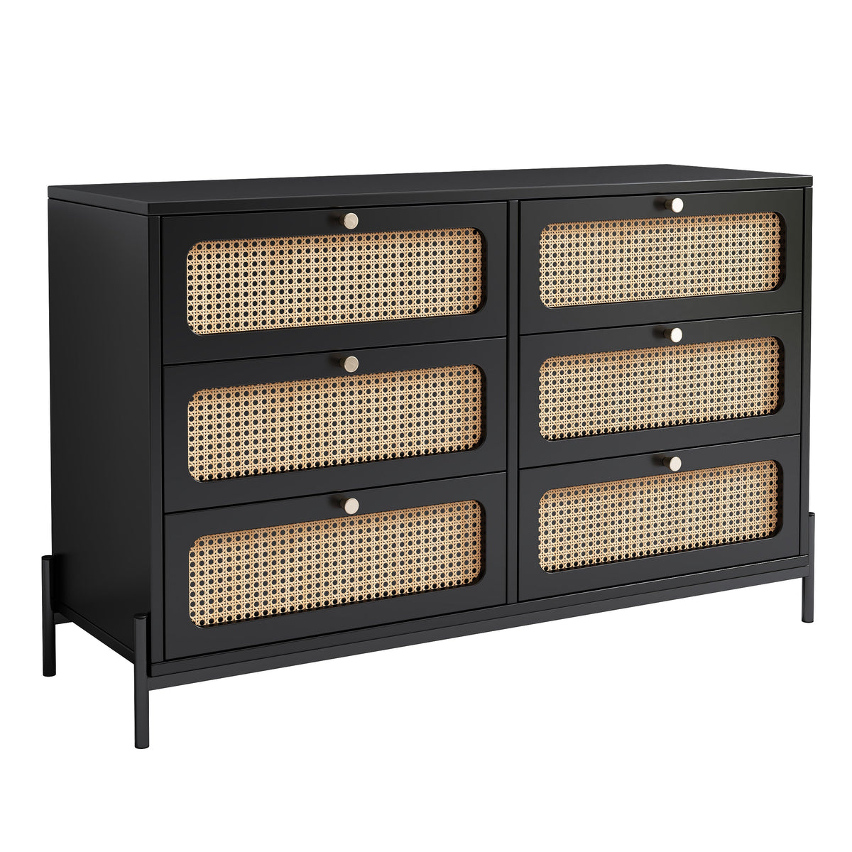 Black Wood 6-Drawer Dresser with Rattan Drawer Fronts