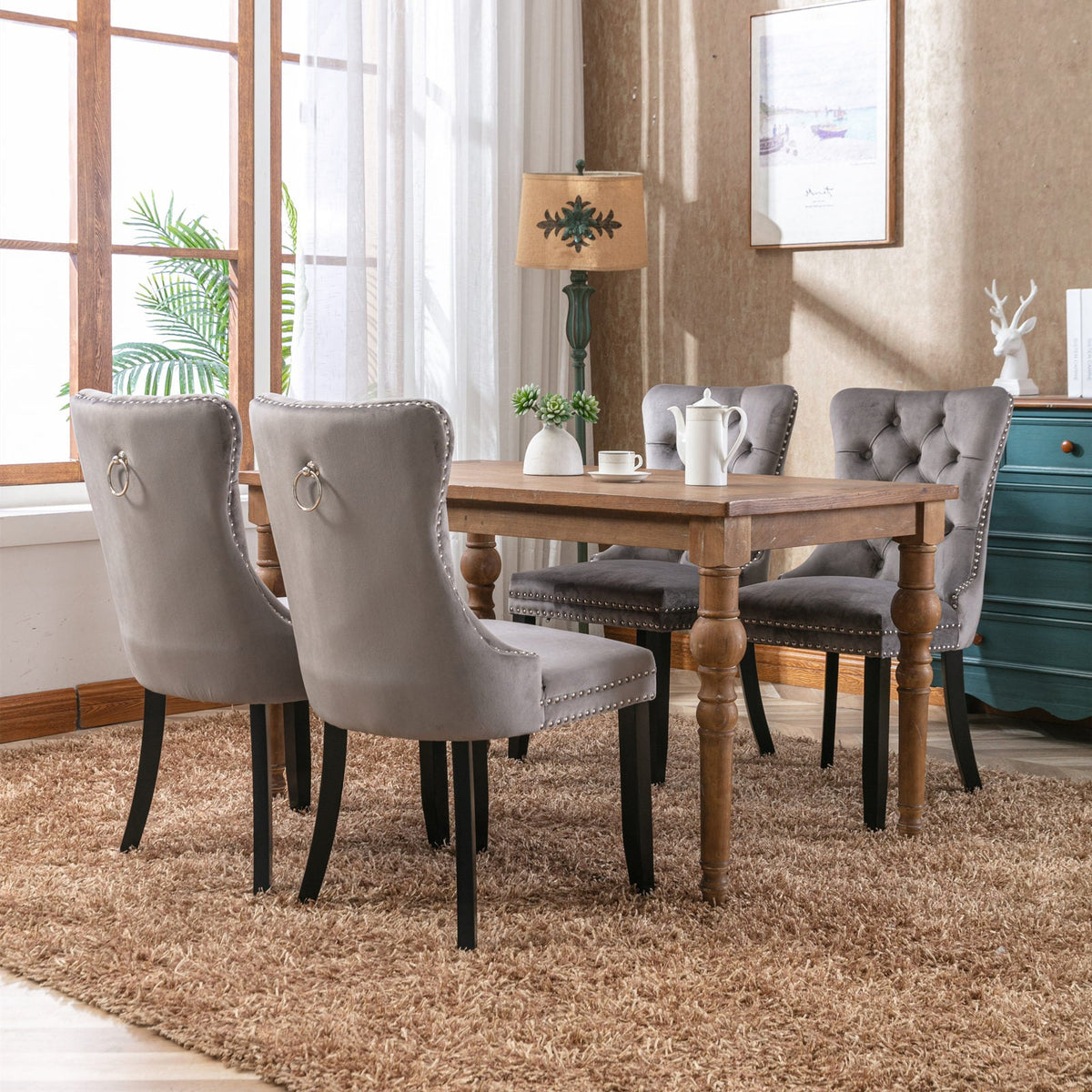 Velvet Tufted Dining Chair with Nailhead Trim, Gray