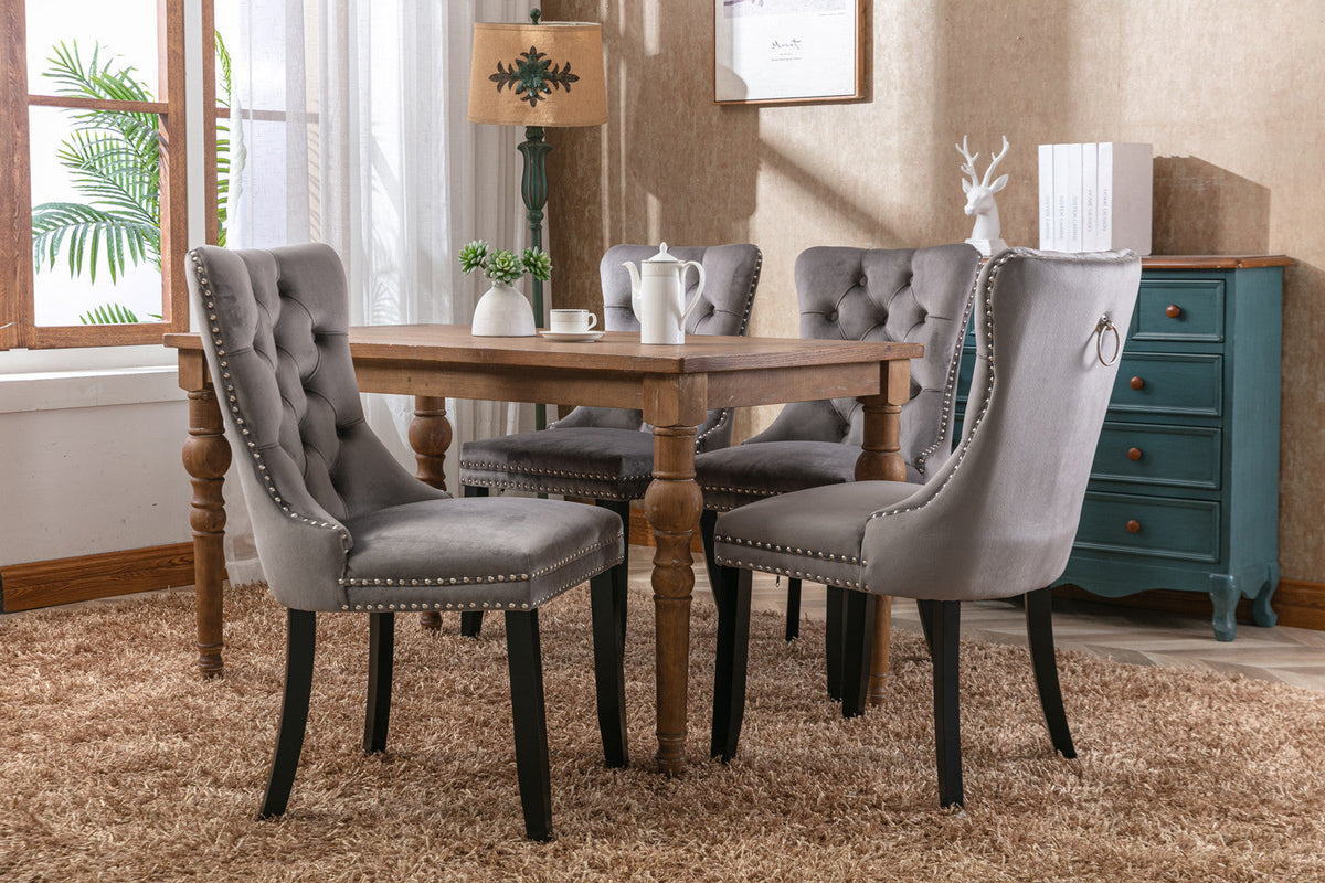 Velvet Tufted Dining Chair with Nailhead Trim, Gray