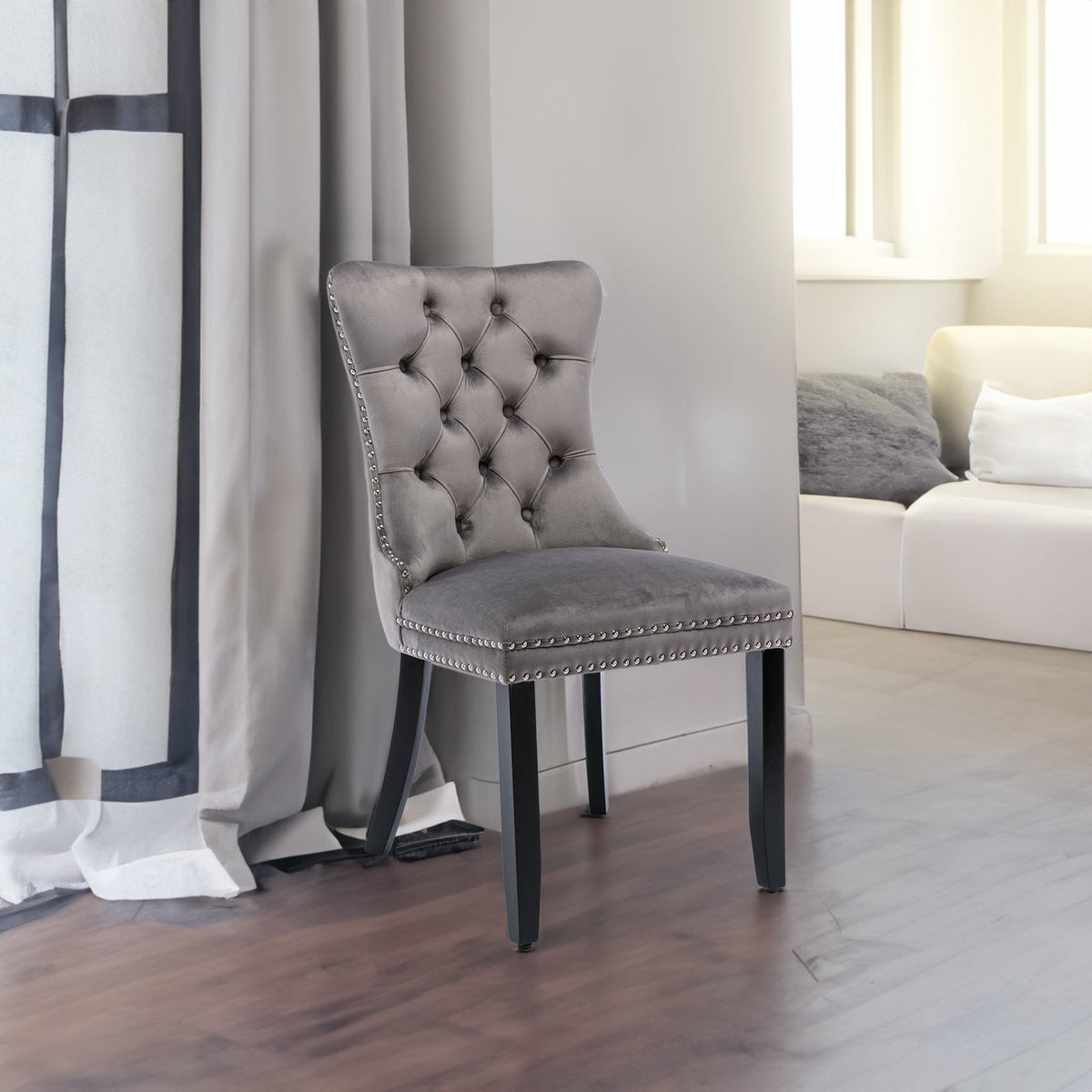 Velvet Tufted Dining Chair with Nailhead Trim, Gray