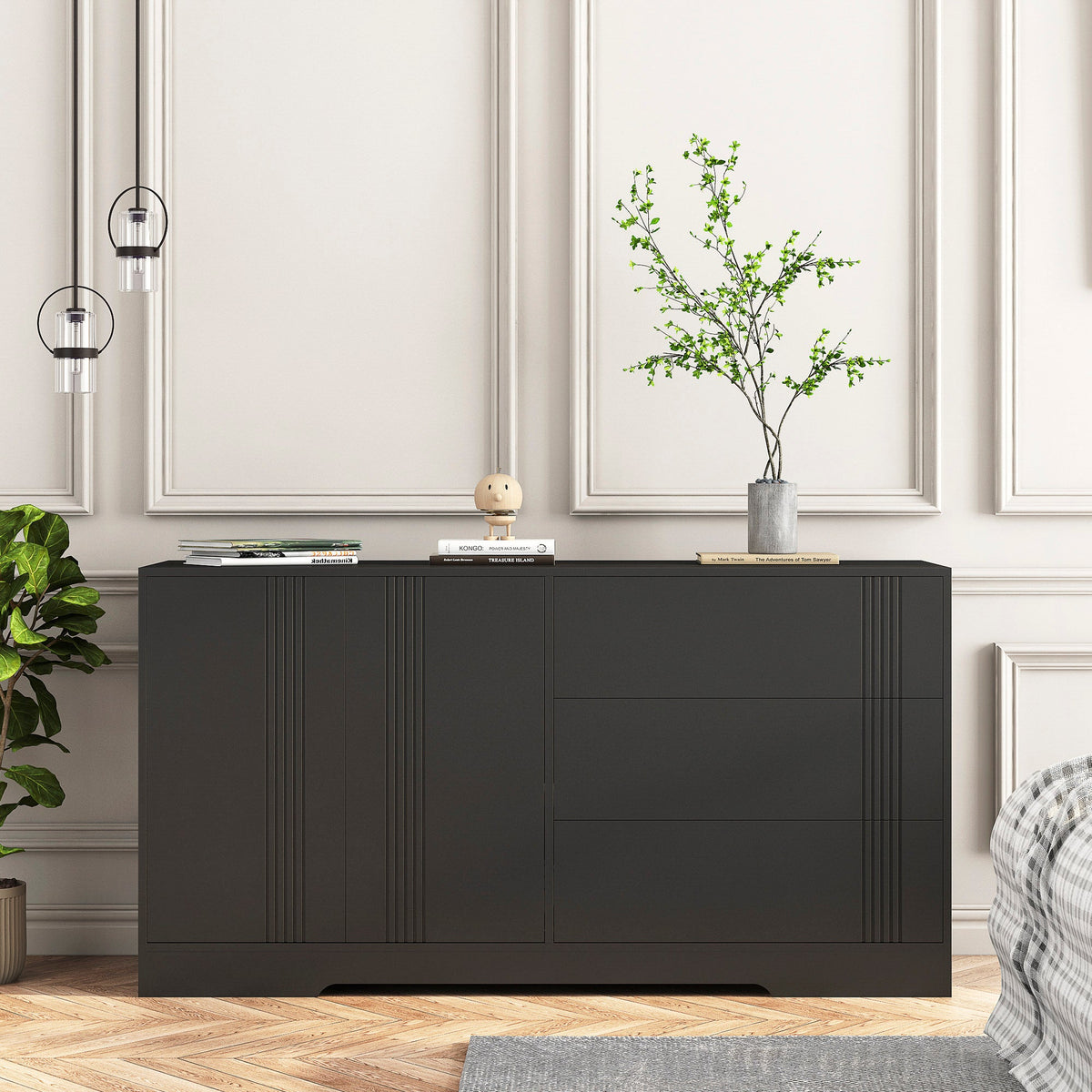 Black Sideboard Buffet with Doors and Drawers for Storage