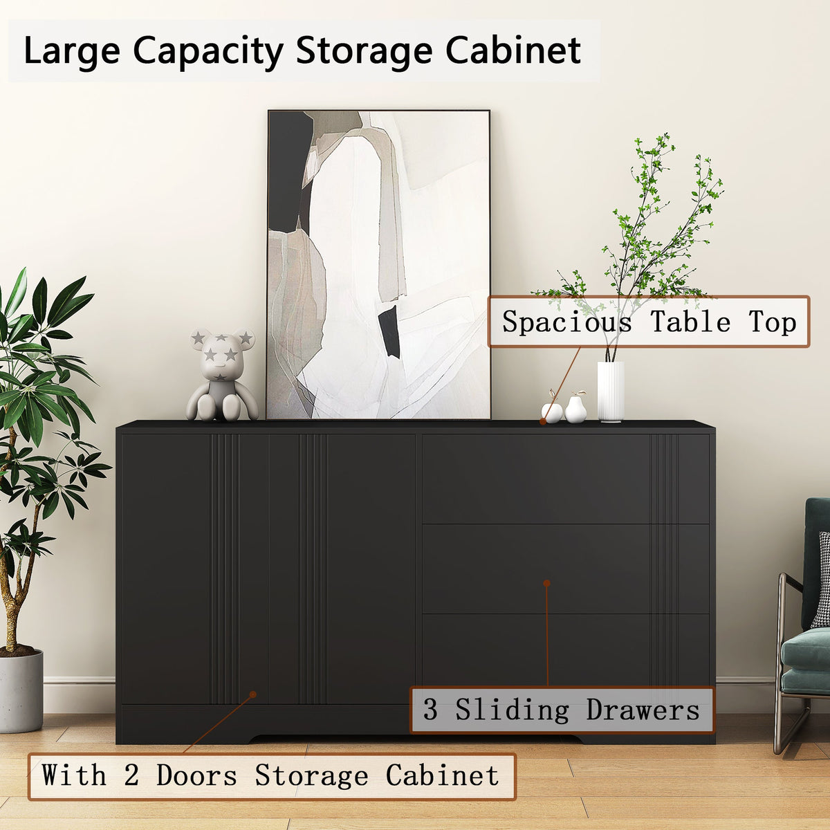 Black Sideboard Buffet with Doors and Drawers for Storage
