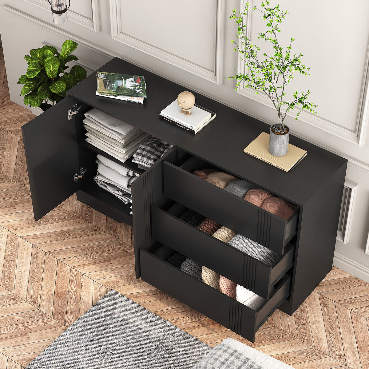 Black Sideboard Buffet with Doors and Drawers for Storage