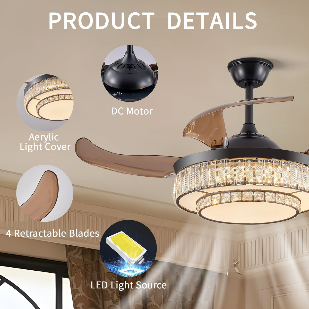 Retractable LED Ceiling Fan with Crystal Light & Remote