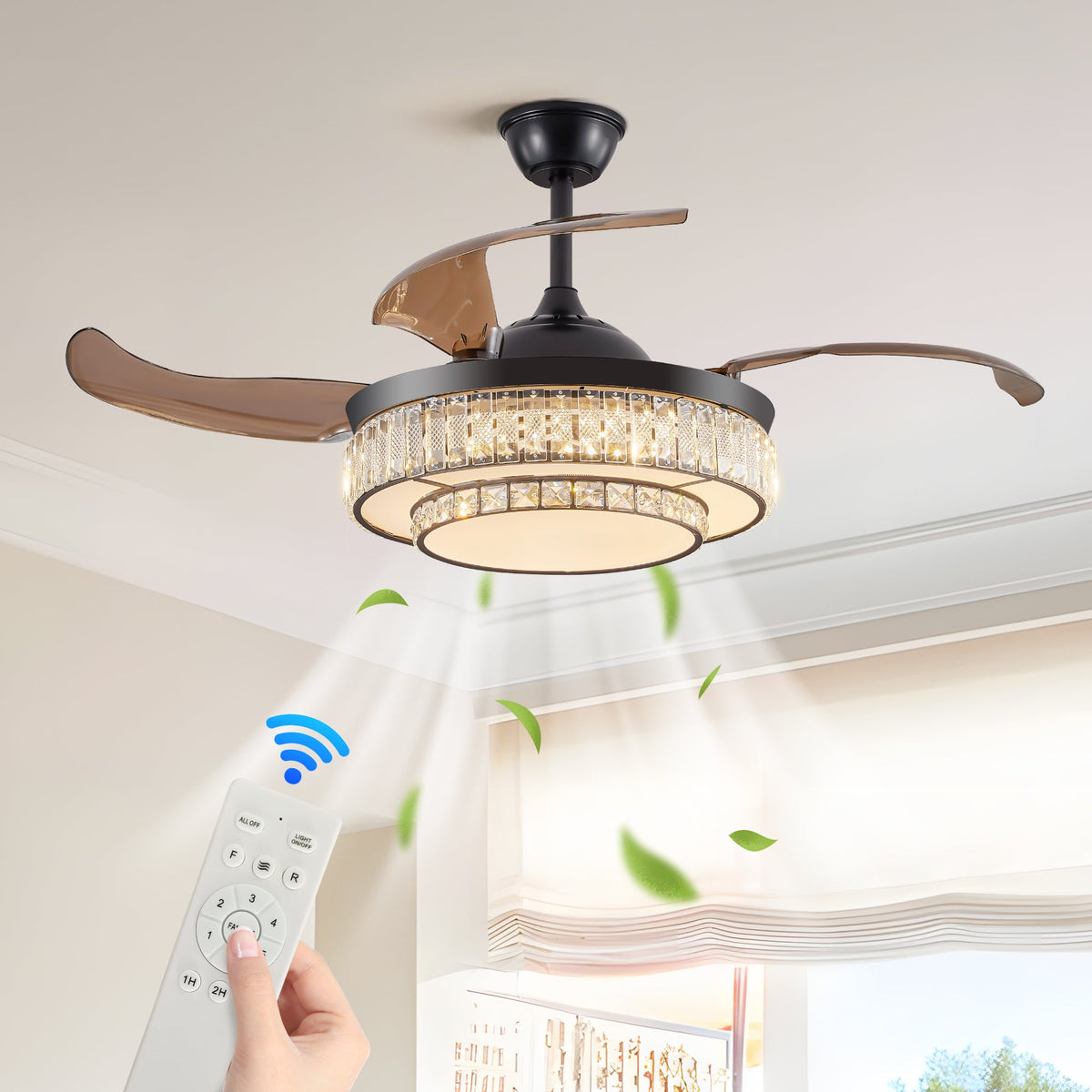 Retractable LED Ceiling Fan with Crystal Light & Remote