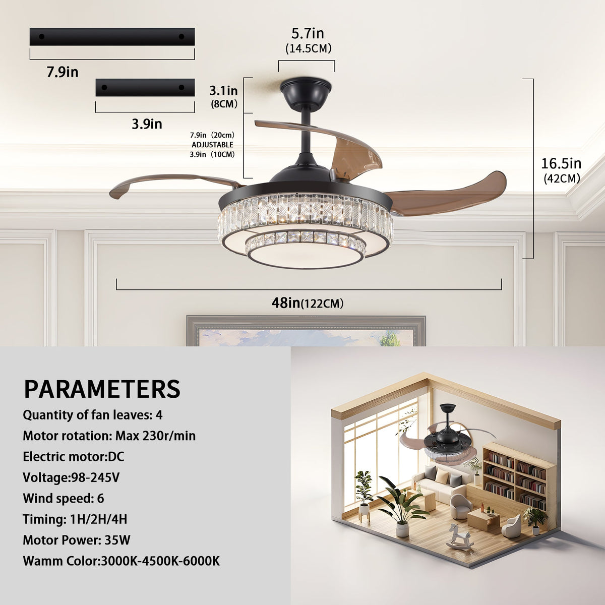 Retractable LED Ceiling Fan with Crystal Light & Remote