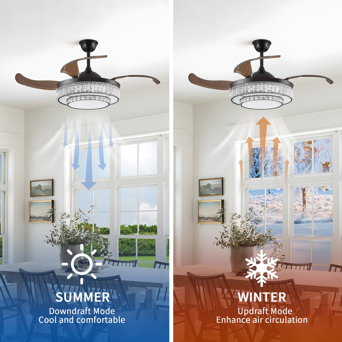 Retractable LED Ceiling Fan with Crystal Light & Remote