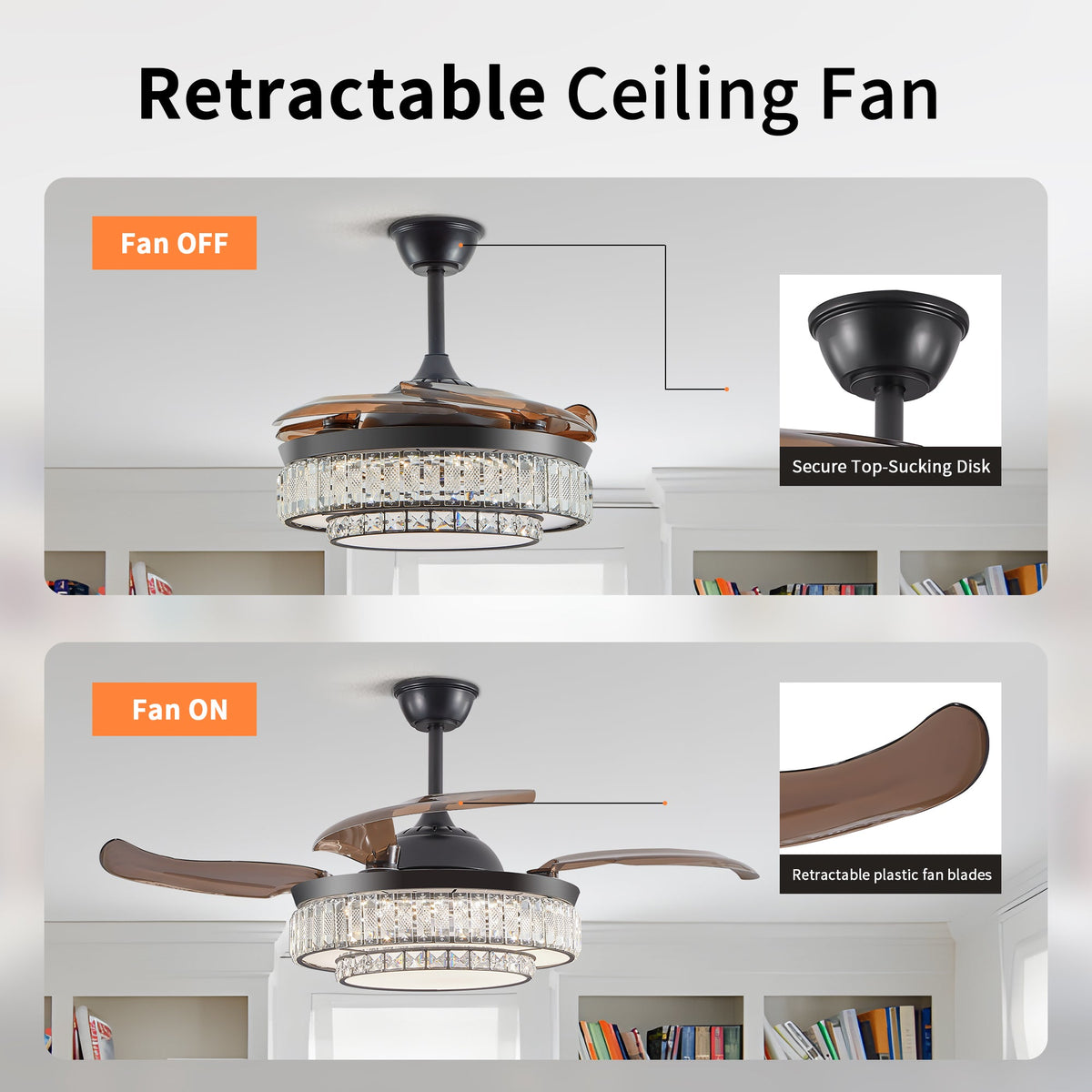 Retractable LED Ceiling Fan with Crystal Light & Remote
