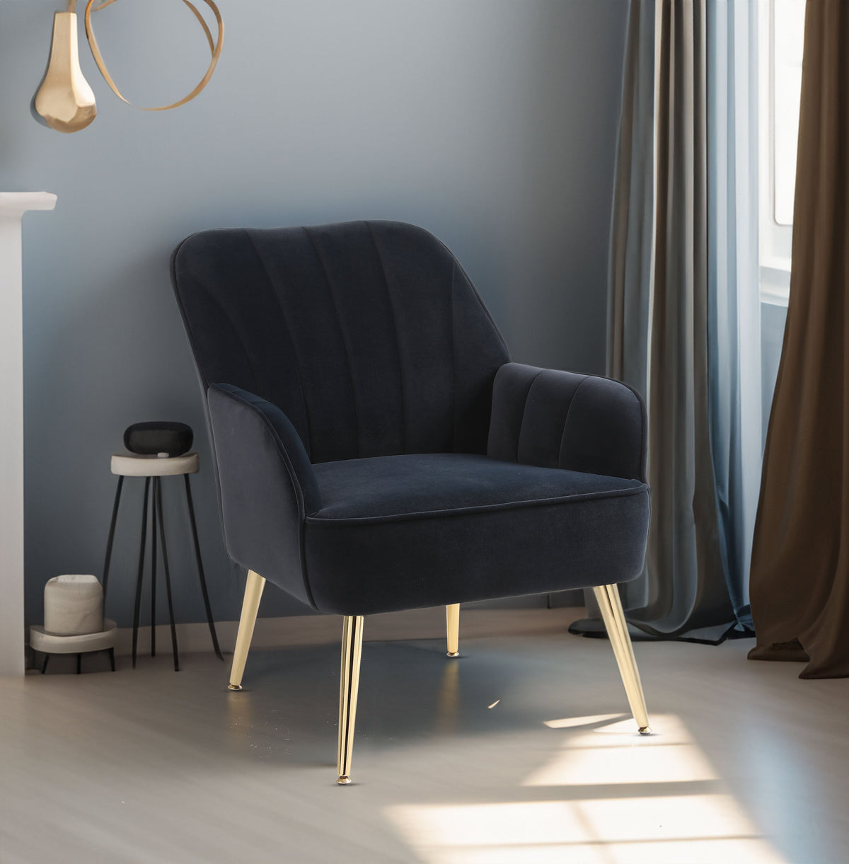 Mid-Century Navy Velvet Accent Armchair with Gold Legs