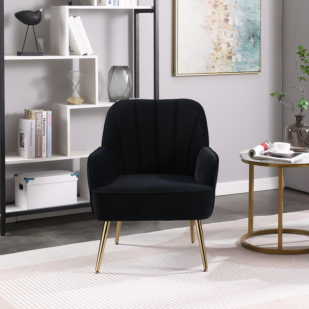 Mid-Century Navy Velvet Accent Armchair with Gold Legs