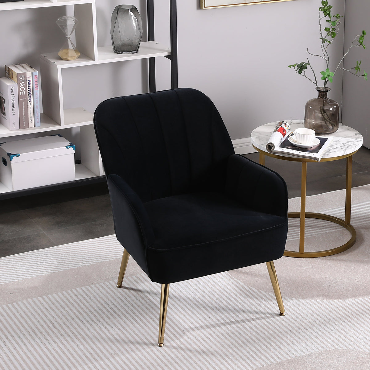 Mid-Century Navy Velvet Accent Armchair with Gold Legs