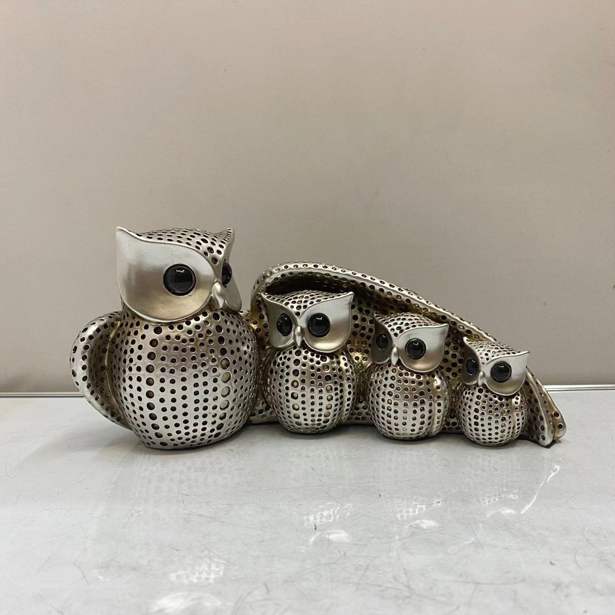 Four Owl Family Sculpture – Metallic Living Room Decor