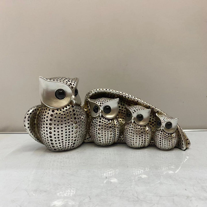 Four Owl Family Sculpture – Metallic Living Room Decor