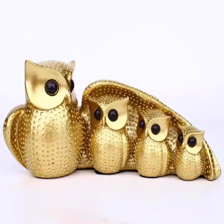 Four Owl Family Sculpture – Metallic Living Room Decor