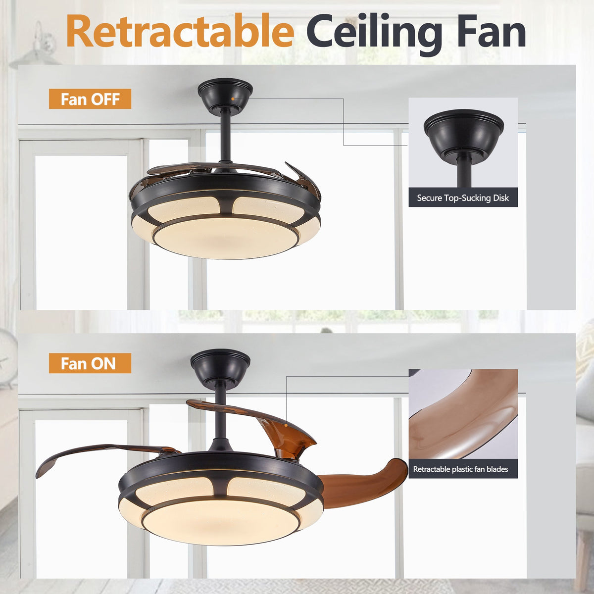 Retractable Ceiling Fan with LED Light, Modern Minimalist