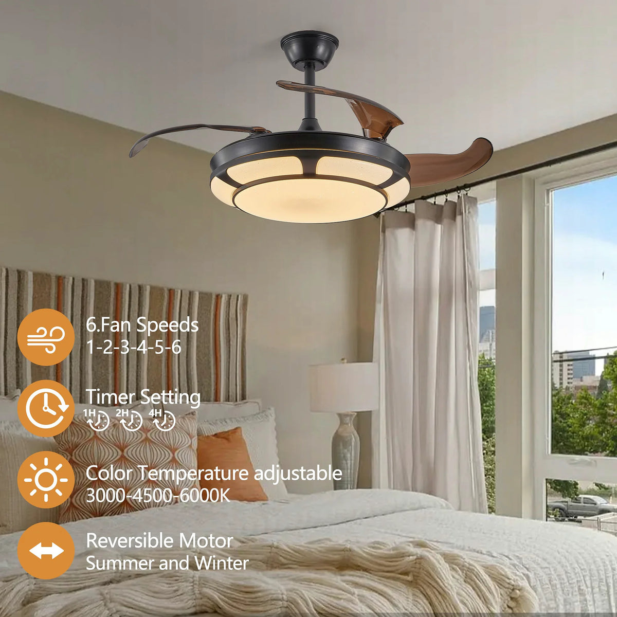 Retractable Ceiling Fan with LED Light, Modern Minimalist