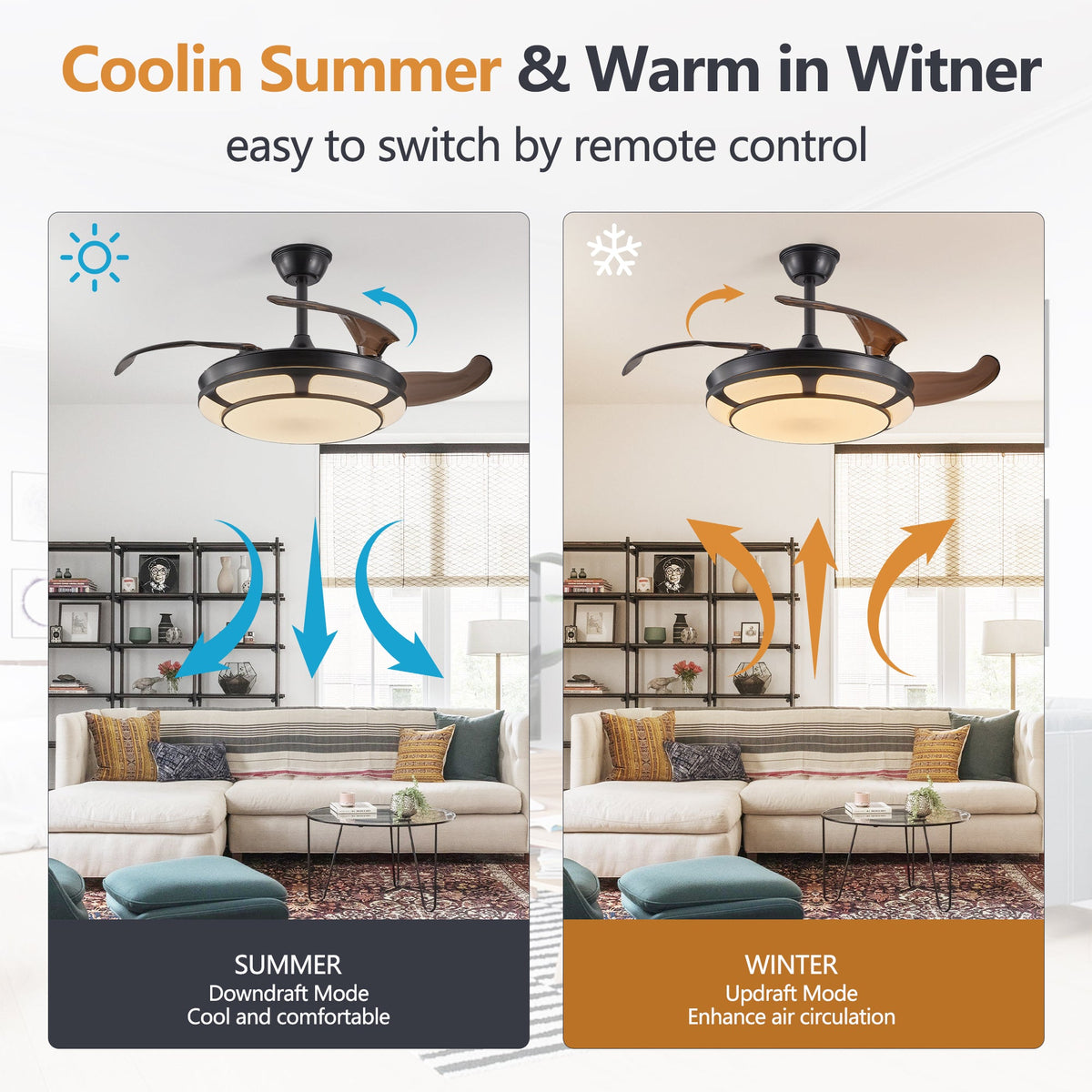 Retractable Ceiling Fan with LED Light, Modern Minimalist
