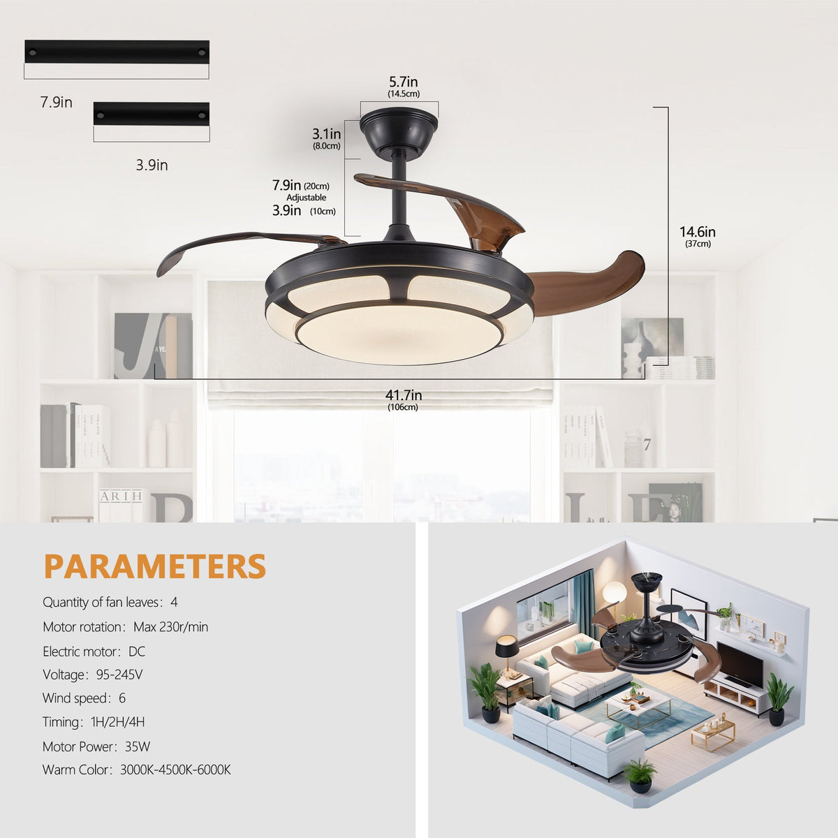 Retractable Ceiling Fan with LED Light, Modern Minimalist
