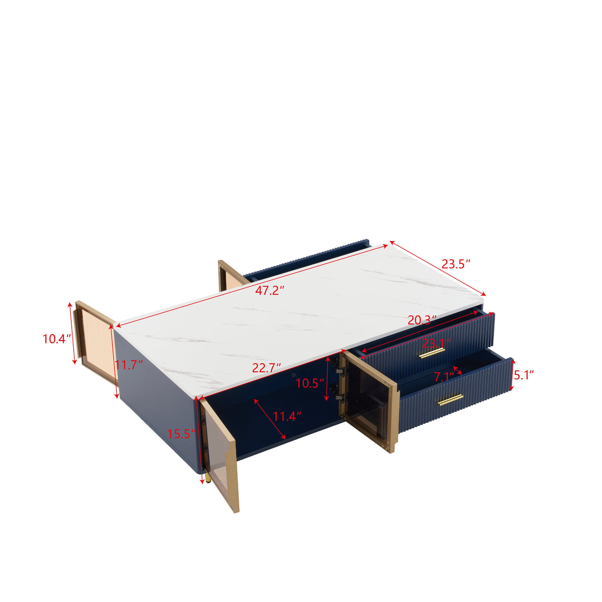Navy Blue Coffee Table with Glass Doors & LED Lighting