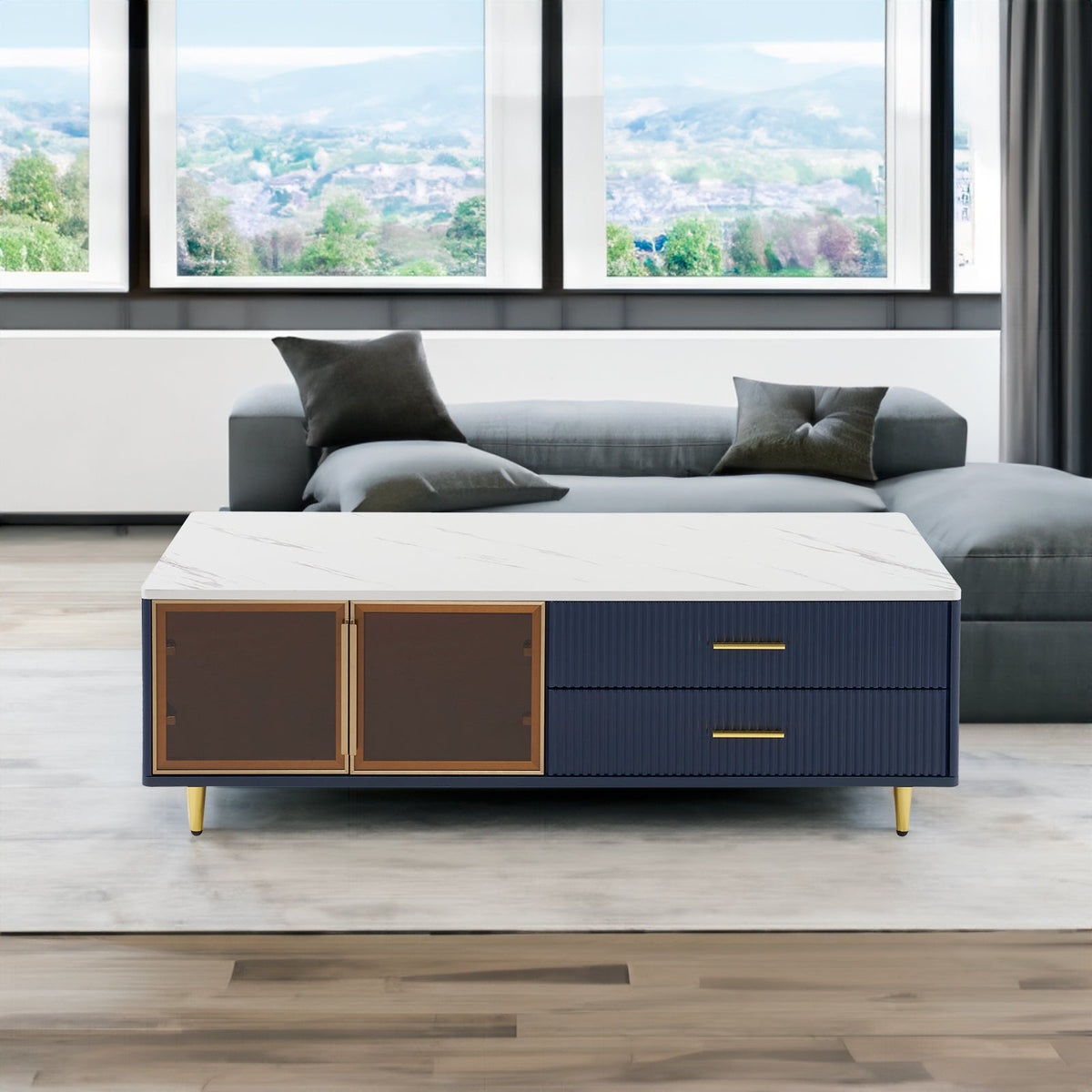 Navy Blue Coffee Table with Glass Doors & LED Lighting