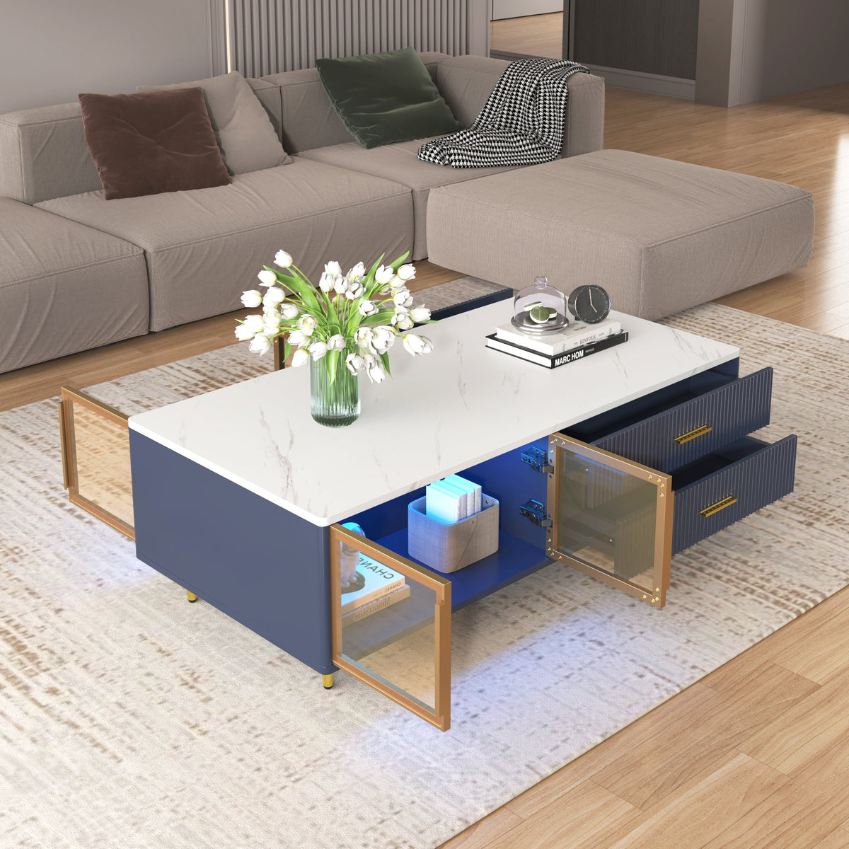 Navy Blue Coffee Table with Glass Doors & LED Lighting