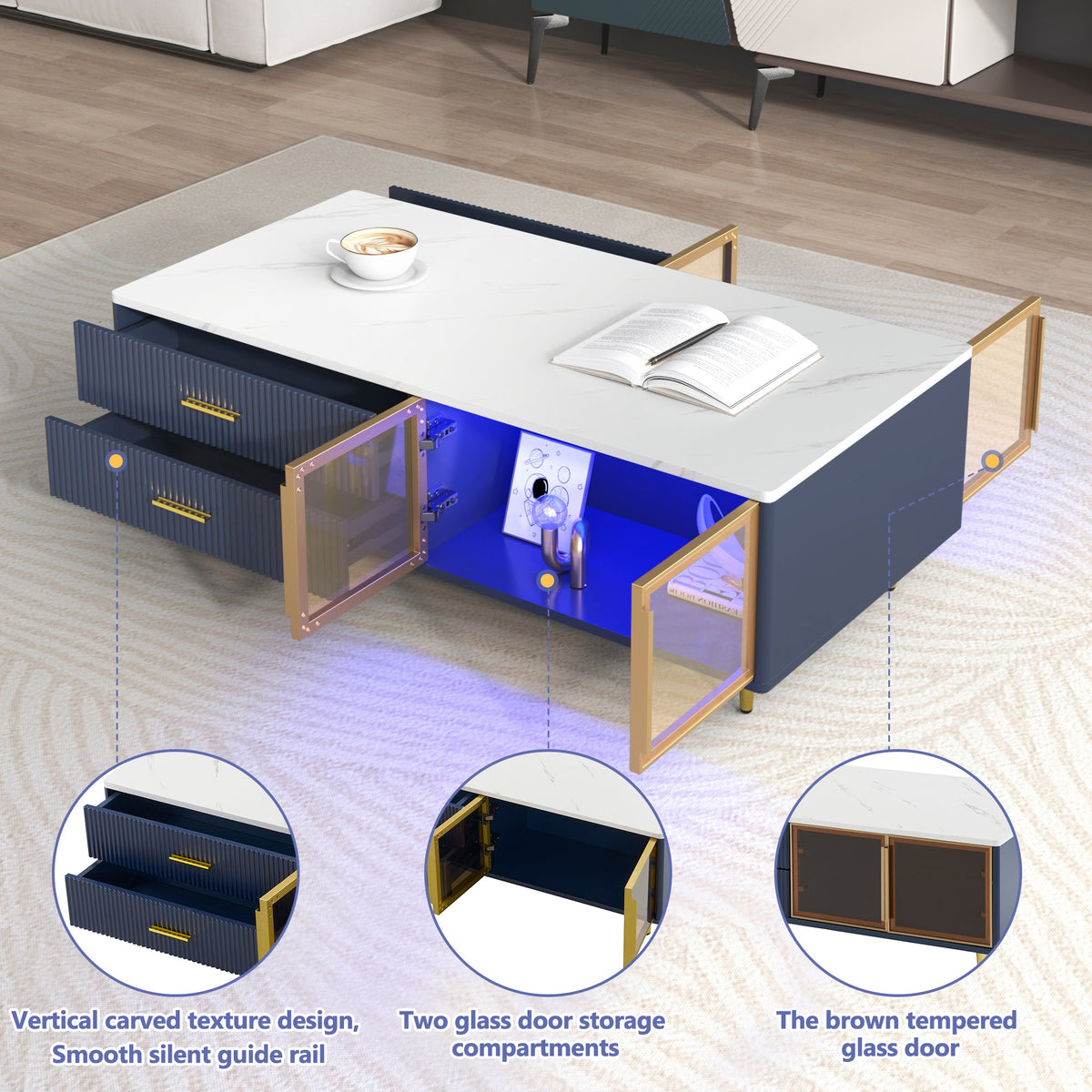 Navy Blue Coffee Table with Glass Doors & LED Lighting