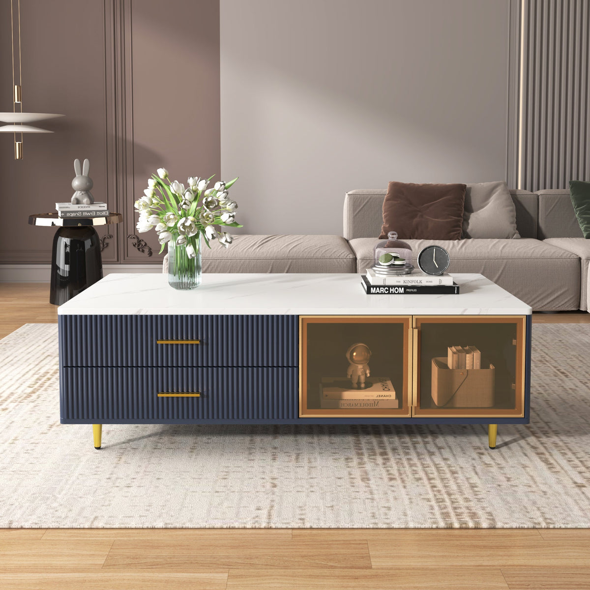 Navy Blue Coffee Table with Glass Doors & LED Lighting