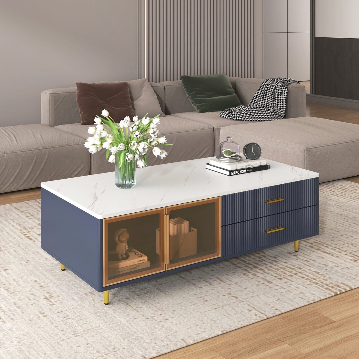 Navy Blue Coffee Table with Glass Doors & LED Lighting