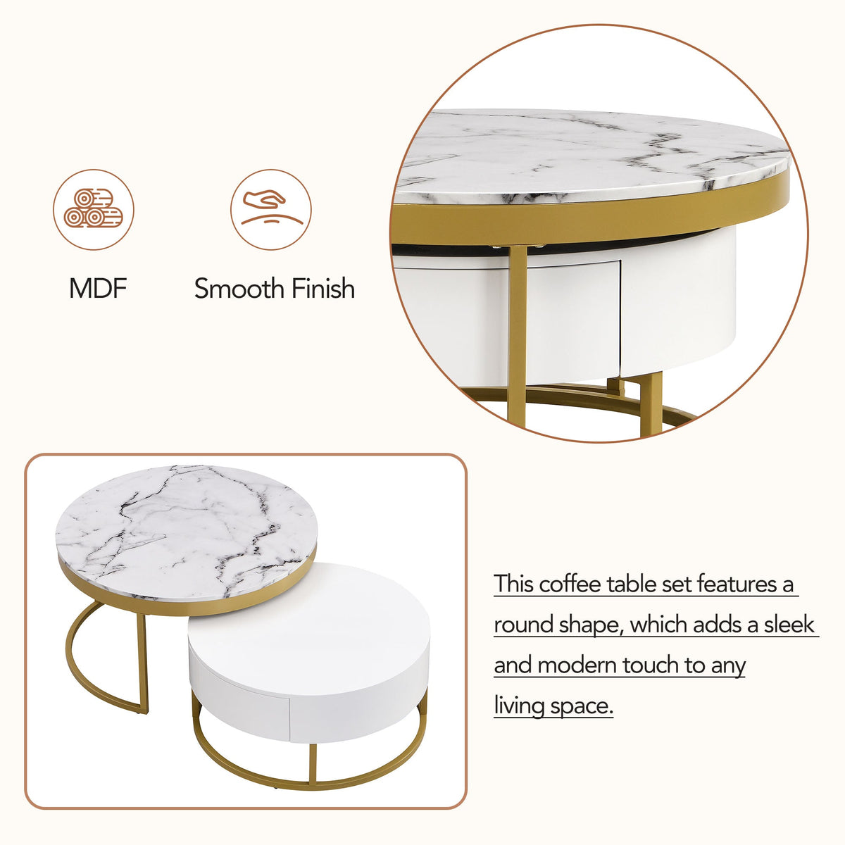 Round Nesting Coffee Table Set with Drawers, White