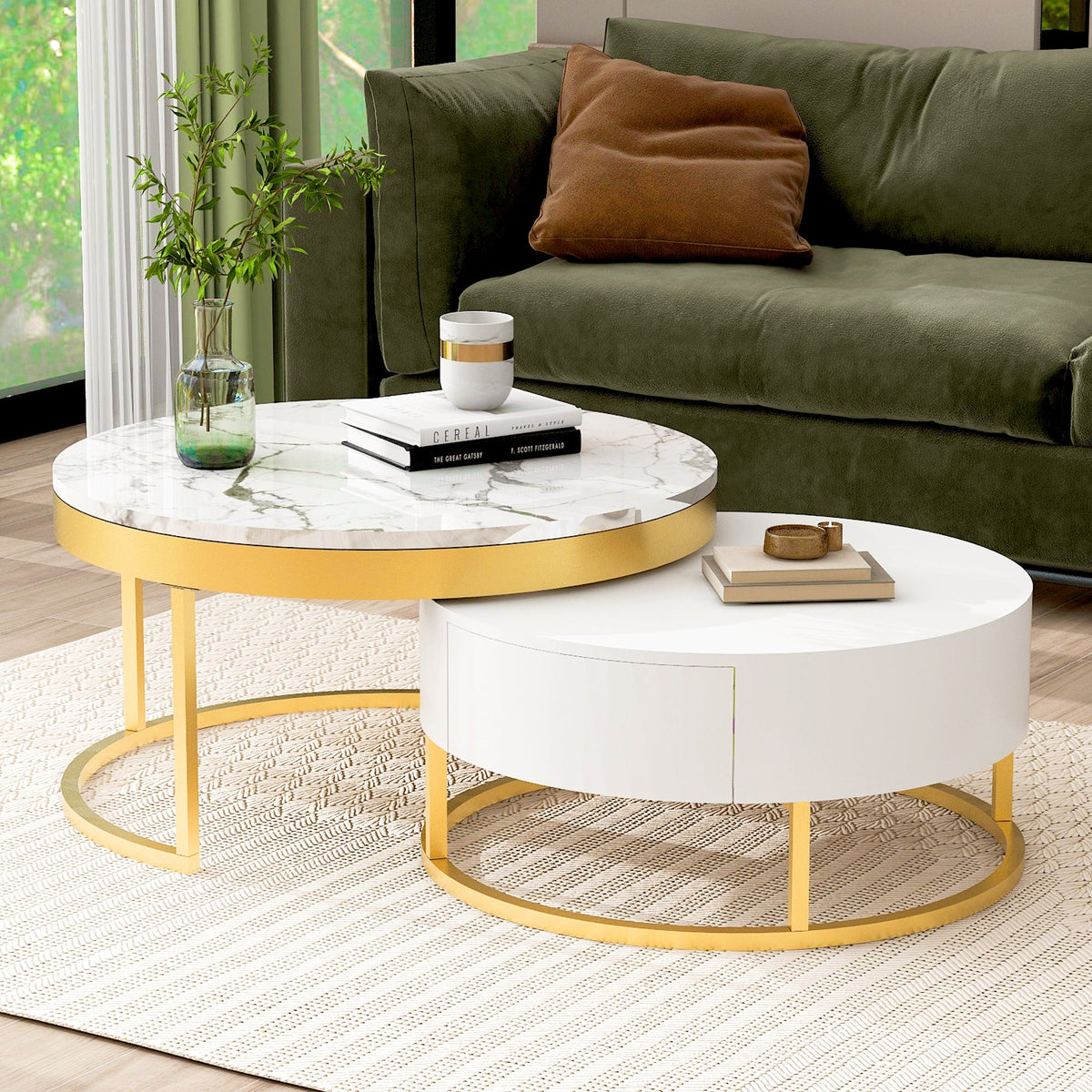Round Nesting Coffee Table Set with Drawers, White