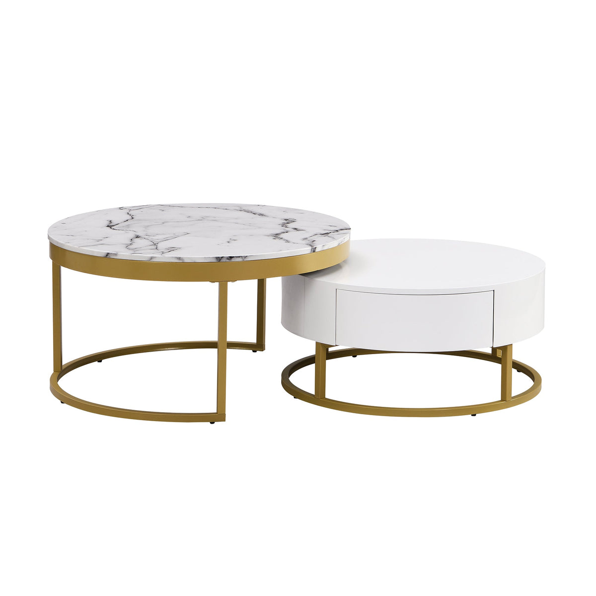 Round Nesting Coffee Table Set with Drawers, White