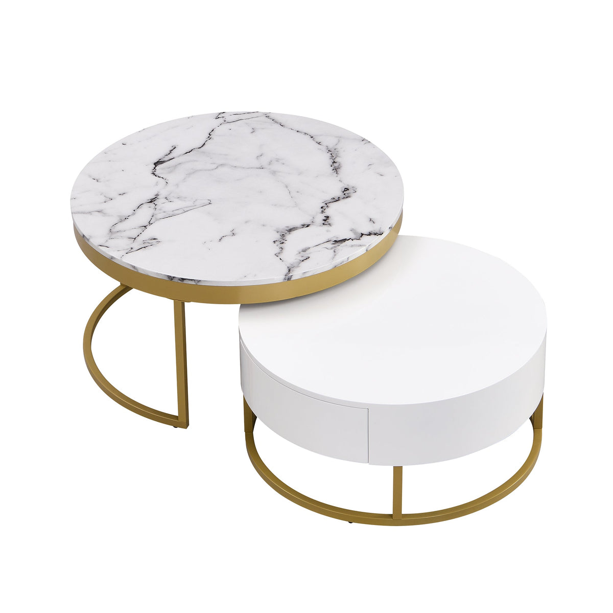 Round Nesting Coffee Table Set with Drawers, White