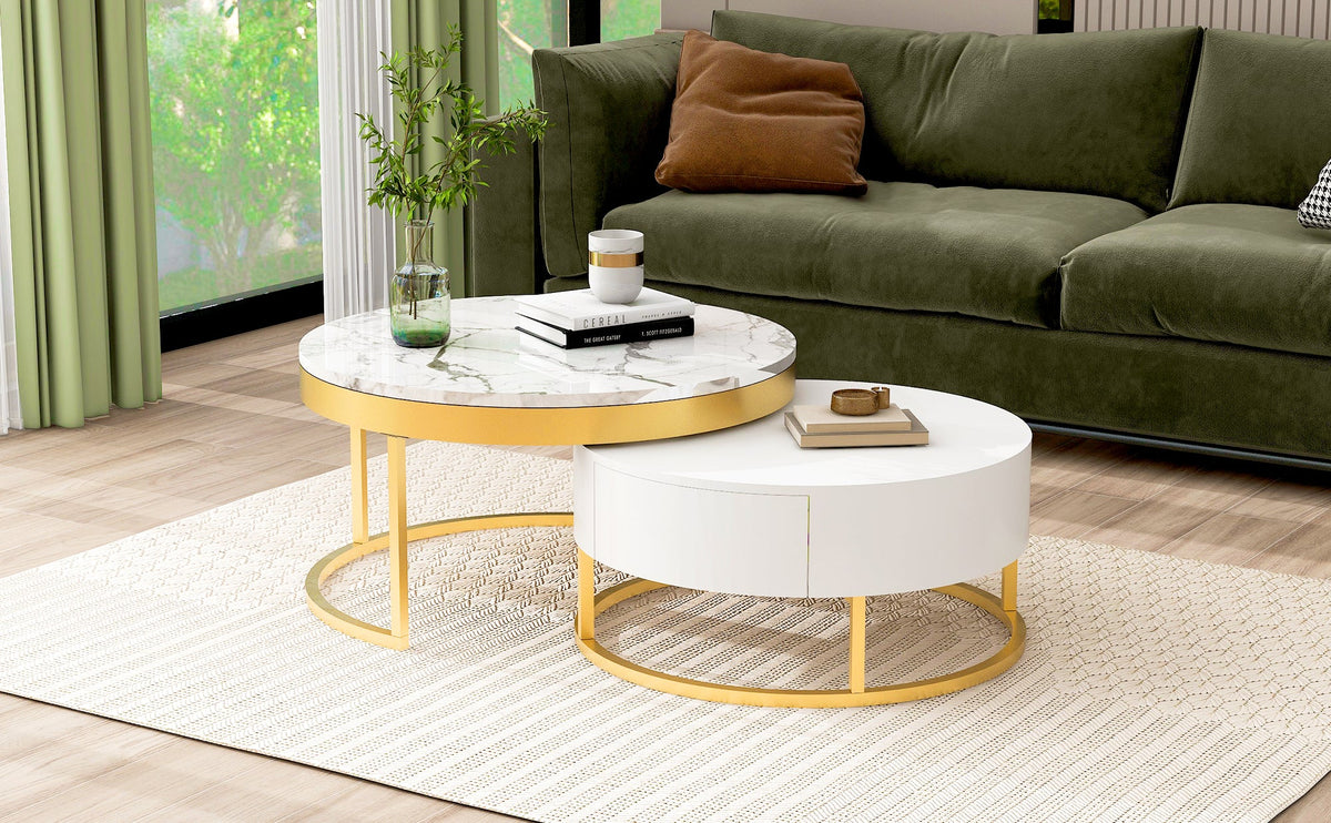 Round Nesting Coffee Table Set with Drawers, White