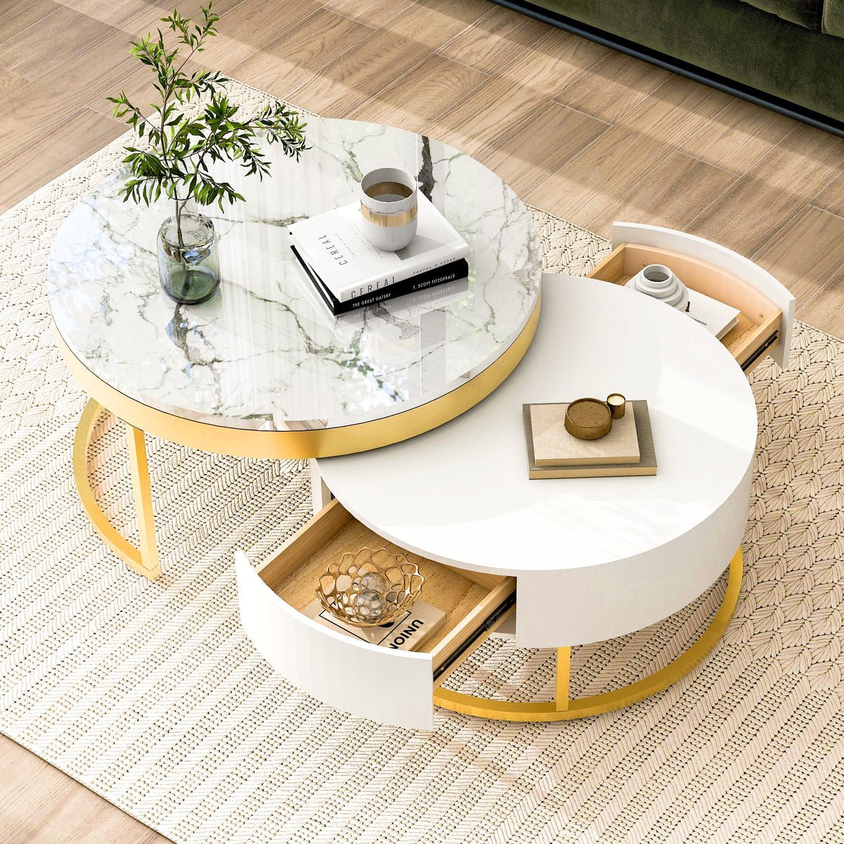 Round Nesting Coffee Table Set with Drawers, White