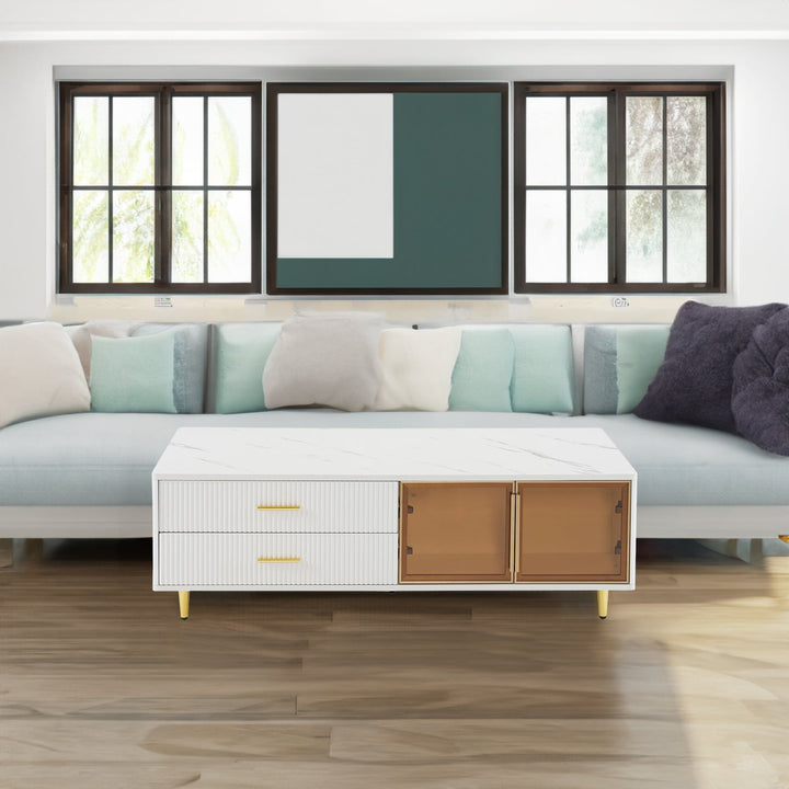 Modern White Coffee Table with Storage Drawers & LED