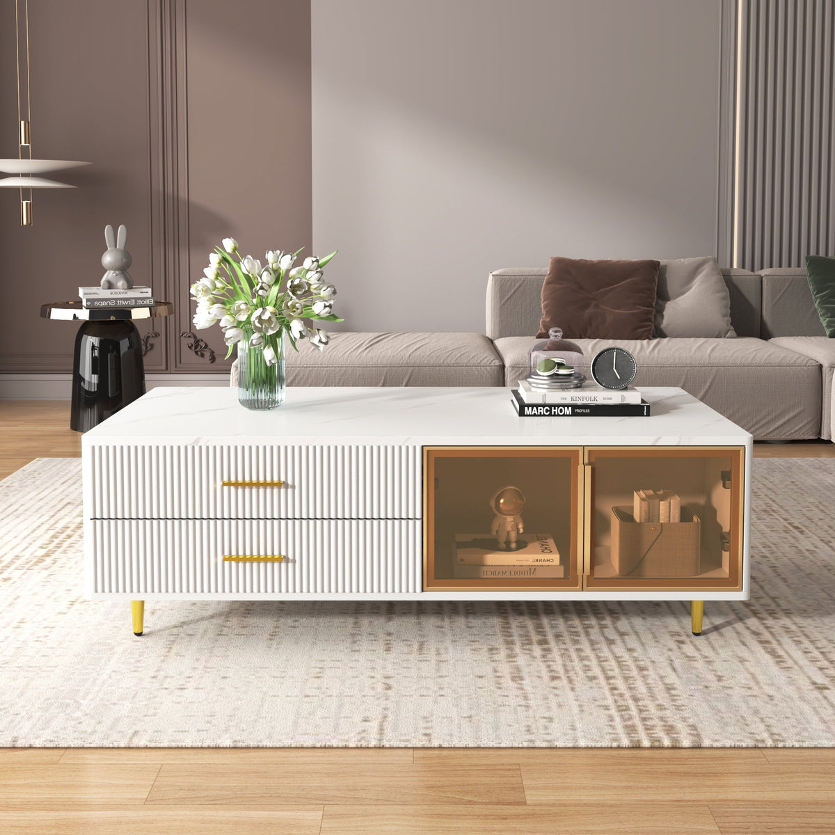 Modern White Coffee Table with Storage Drawers & LED