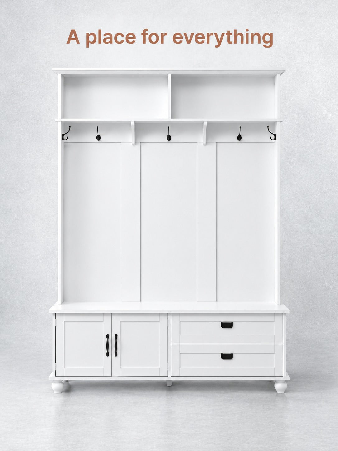 Modern White Hall Tree with Storage Bench and Coat Hooks
