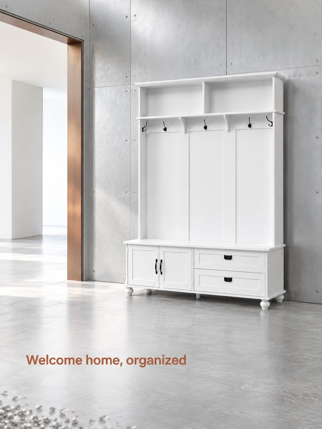 Modern White Hall Tree with Storage Bench and Coat Hooks