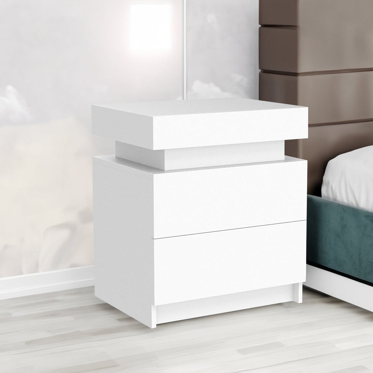 White Nightstand with LED Lights and 2 Drawers