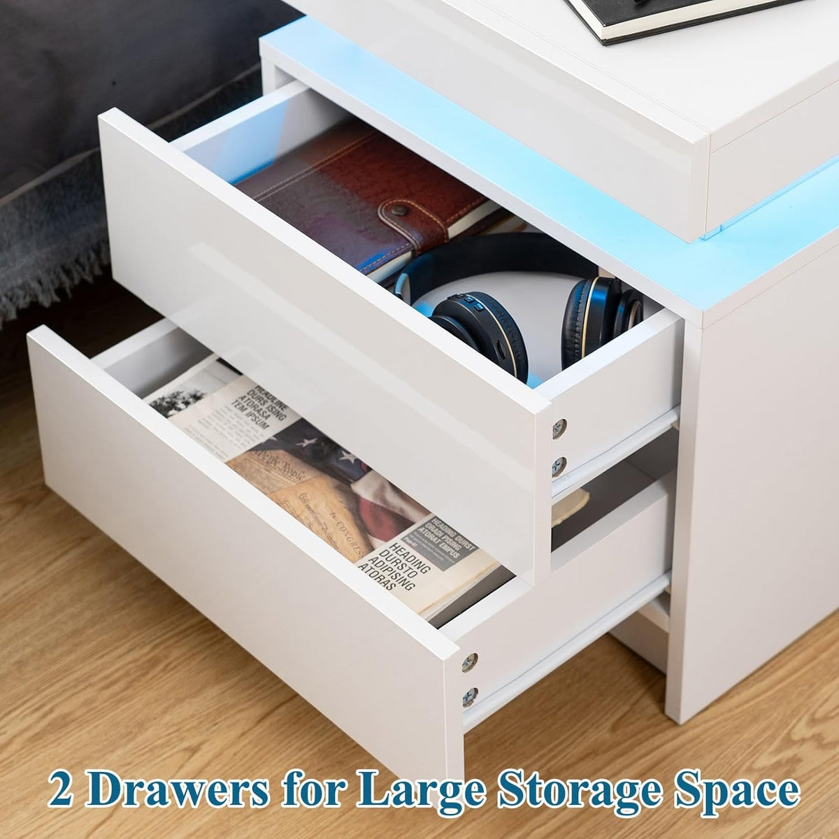 White Nightstand with LED Lights and 2 Drawers