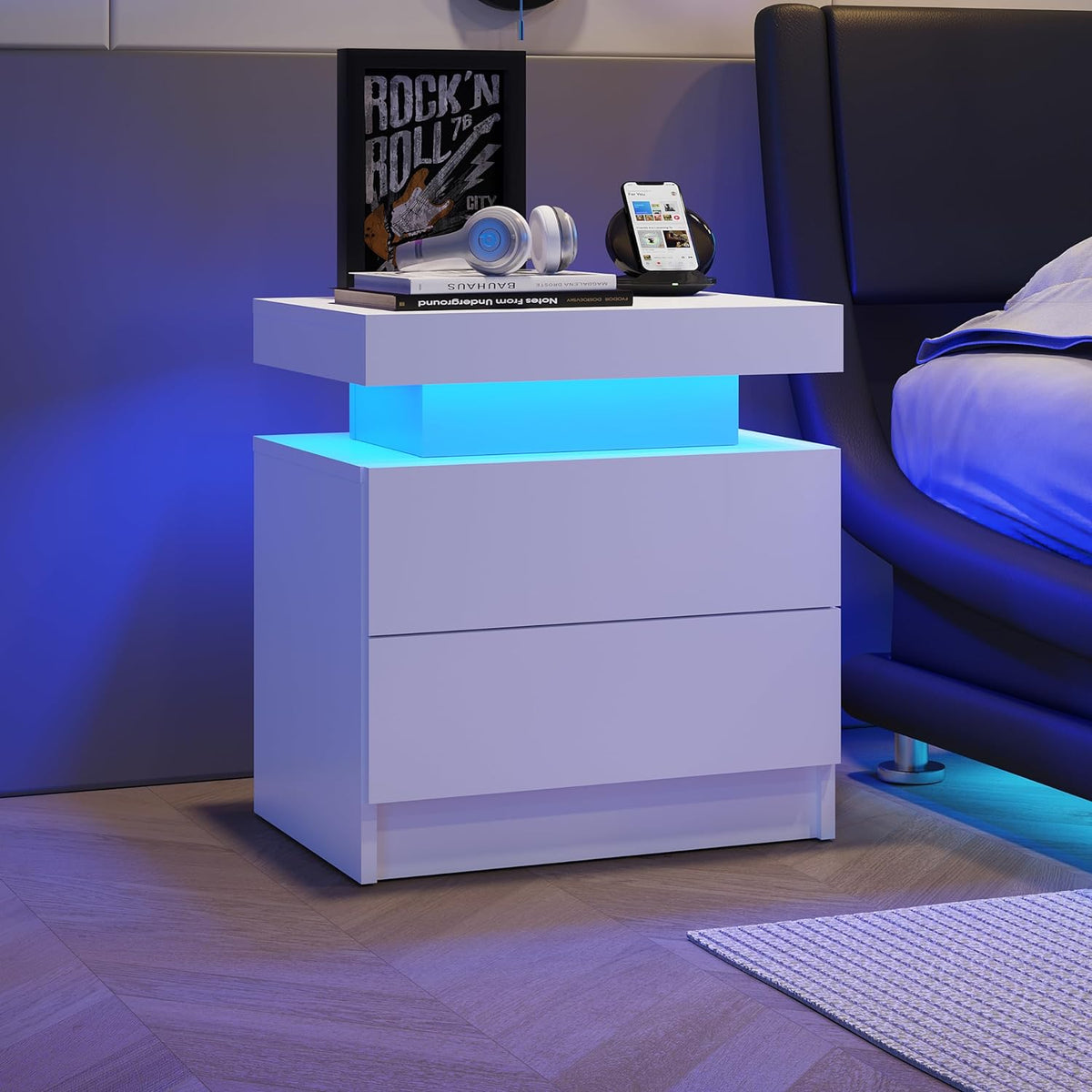 White Nightstand with LED Lights and 2 Drawers