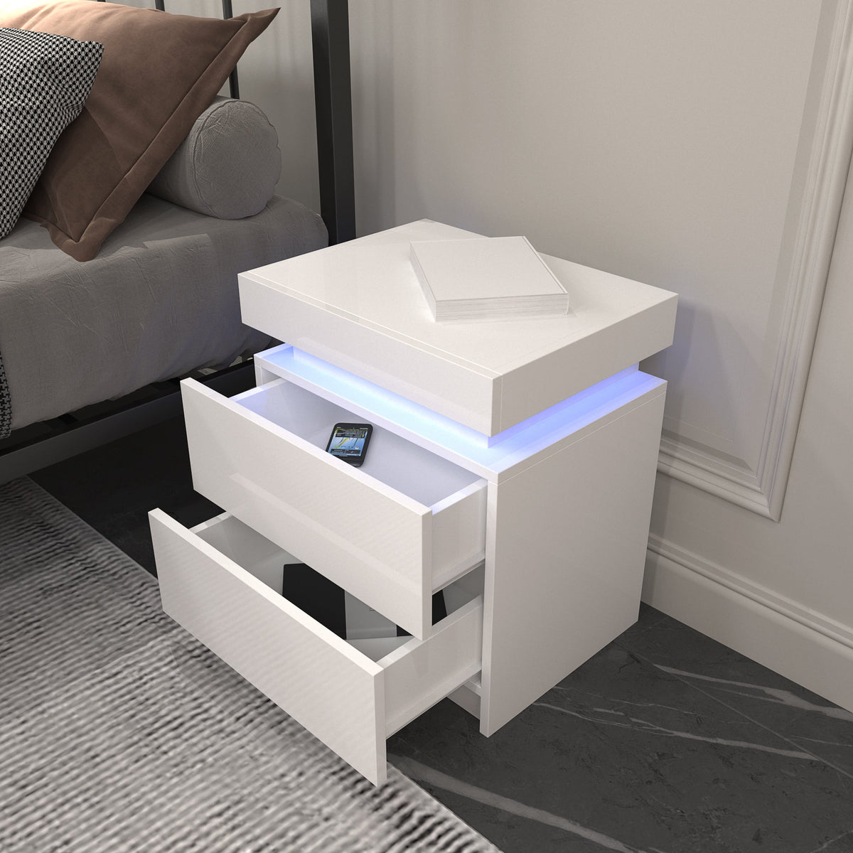 White Nightstand with LED Lights and 2 Drawers