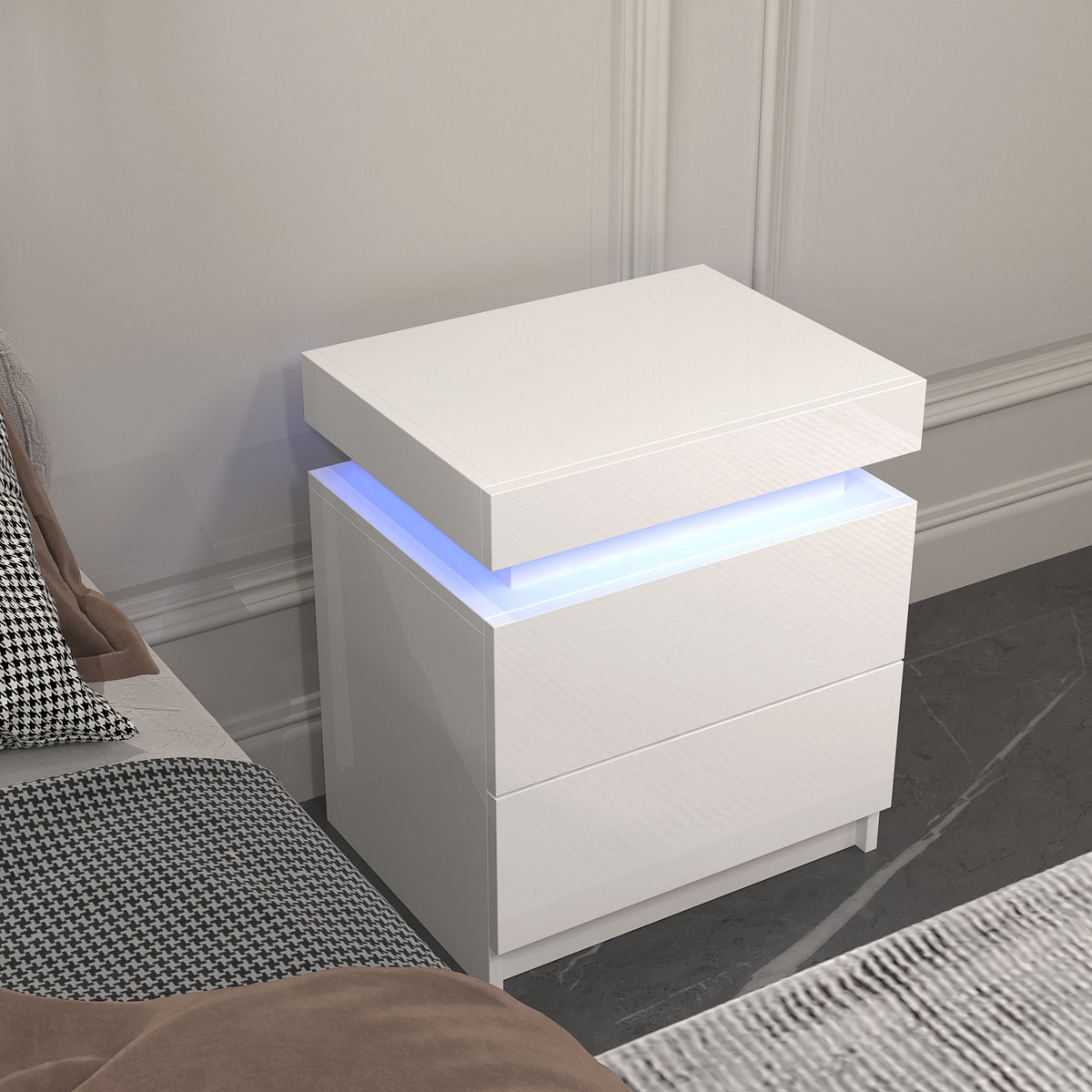 White Nightstand with LED Lights and 2 Drawers