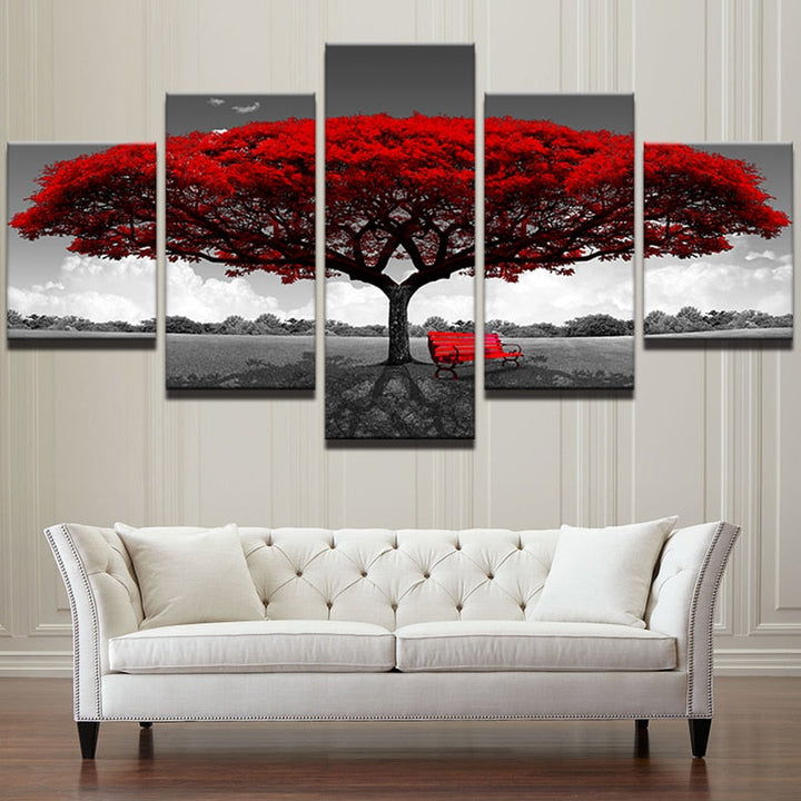 5-Piece Red Tree Canvas Wall Art for Dramatic Rooms