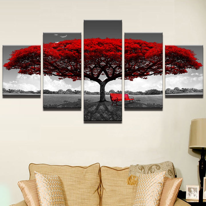 5-Piece Red Tree Canvas Wall Art for Dramatic Rooms