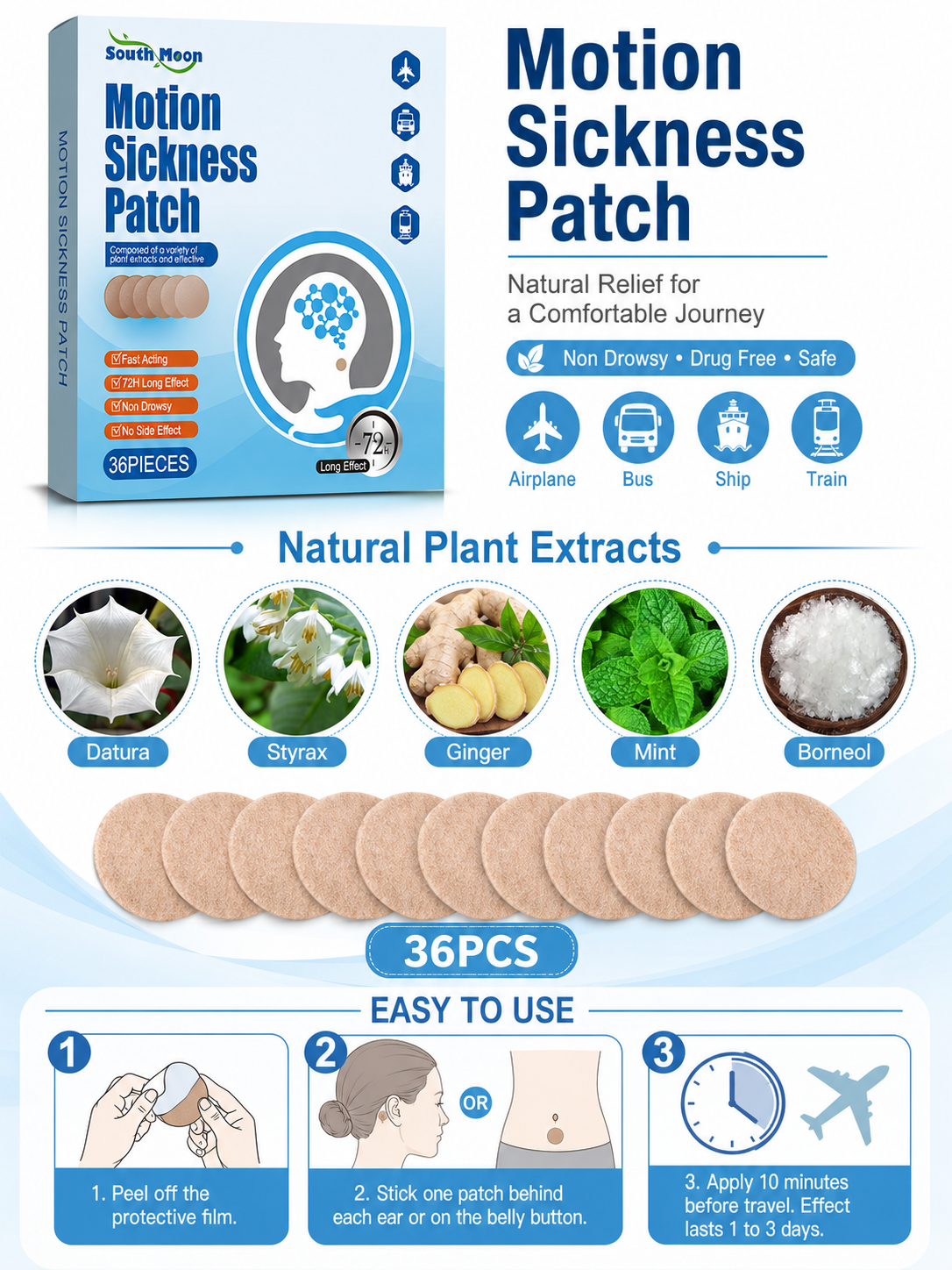 Motion Sickness Patches — 72-Hour Nausea Relief, Non‑Drowsy