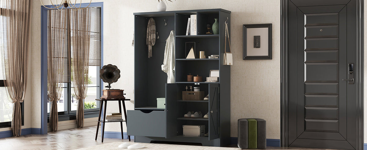 Hall Tree with Shoe Drawer, Storage Cabinet and Coat Hooks