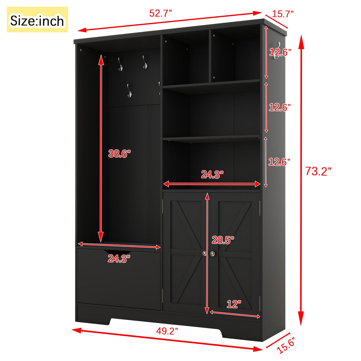 Modern Black Hall Tree with Shoe Bench and Coat Hooks
