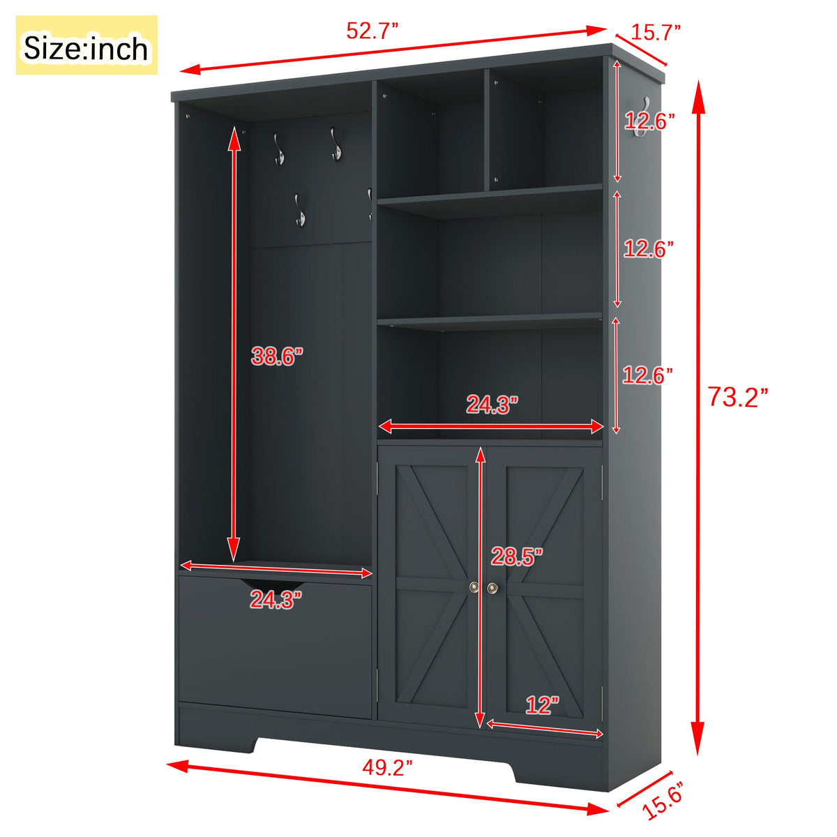 Hall Tree with Shoe Drawer, Storage Cabinet and Coat Hooks