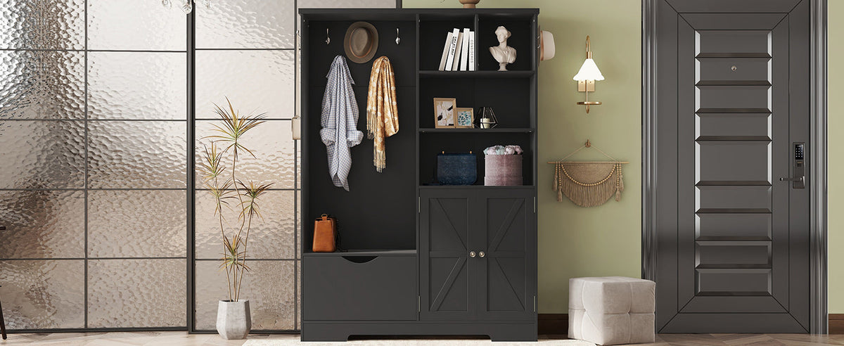 Modern Black Hall Tree with Shoe Bench and Coat Hooks